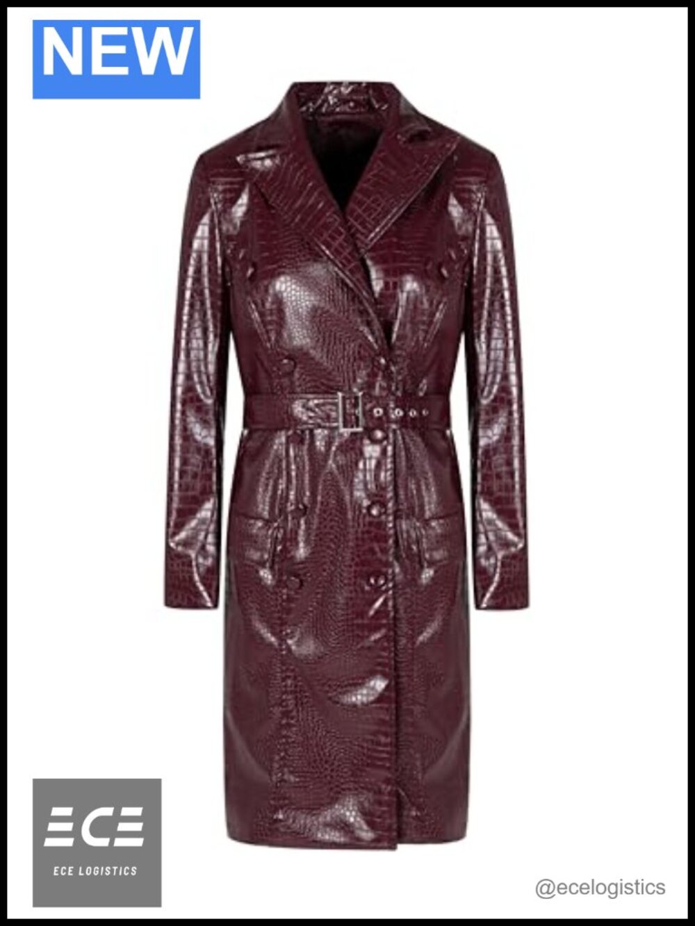 Women's Long Faux PU Leather Trench Coat with Belt Button Front Knee Length